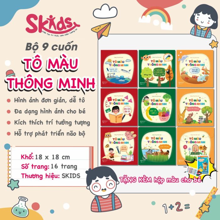 Bộ 9 Cuốn Sách Tô Màu Thông Minh cho trẻ 2-9 tuổi (Tặng kèm bộ 10 sáp màu Deli) - Hình ảnh 2