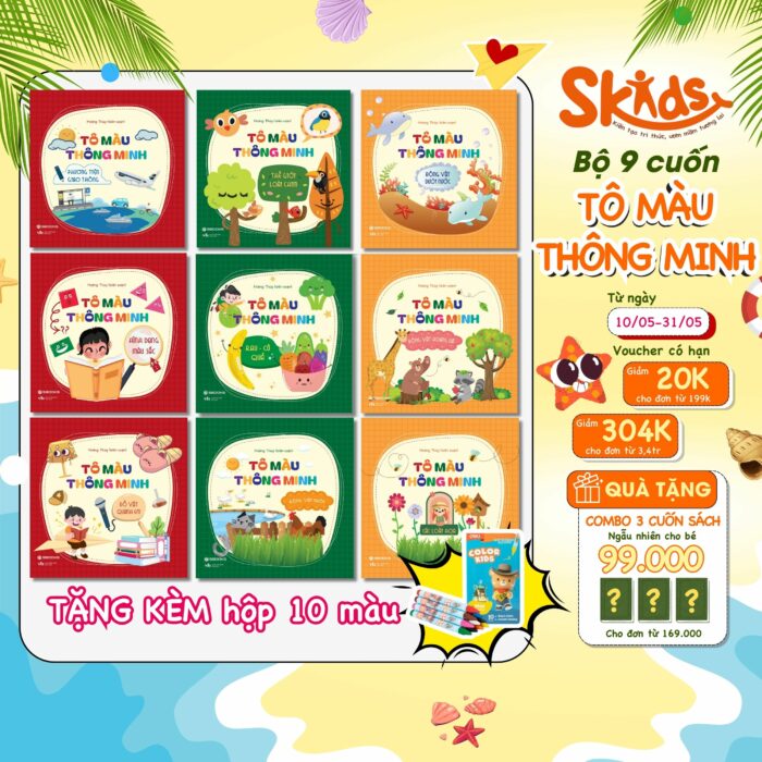 Bộ 9 Cuốn Sách Tô Màu Thông Minh cho trẻ 2-9 tuổi (Tặng kèm bộ 10 sáp màu Deli)